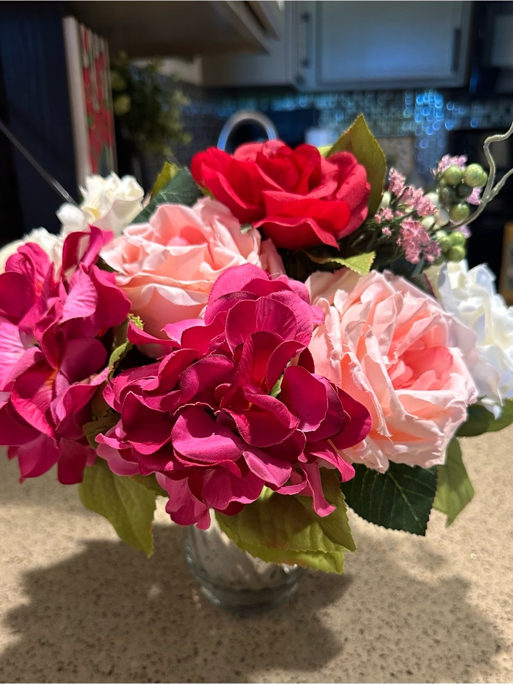 3 Artificial Rose and Hydrangea Bouquet Set - Pink, Fuchsia, White